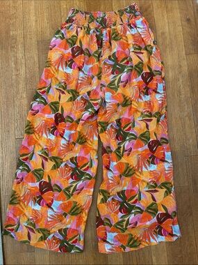 C&C California Orange Tropical Print Linen Wide-Leg Pants - L